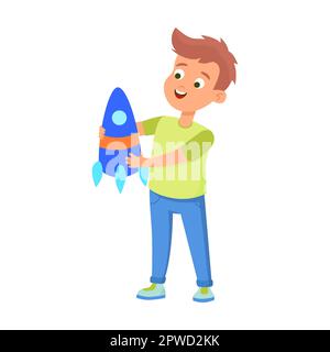 Der Junge hält ein Modell einer Rakete in den Händen, ein Raumschiff für Langstreckenreisen. Flache Cartoon-Darstellung isoliert auf weißem Hintergrund Stock Vektor