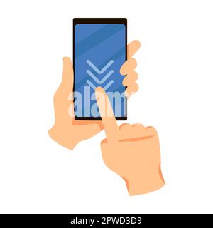 Bewegen Sie den Finger auf dem Bildschirm nach unten, und berühren Sie den Bildschirm des Mobiltelefons. Vektordarstellung der Hand mit Smartphone, Mobiltelefon oder Tablet isoliert auf weiß Stock Vektor