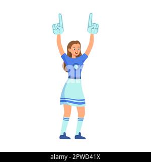 Fußball- oder Fußball-Mädchen-Cheerleaderin mit Handschuhen Zeigefinger Nummer eins, flache Vektordarstellung. Ein Team glücklicher Leute Stock Vektor
