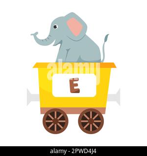 Buchstabe E, Elefant. Niedliches Tier in farbenfroher alphabetischer Bahn. Vektordarstellung von Lernspielzeug für Vorschulkinder. Cartoon-Tiere sitzen hier Stock Vektor