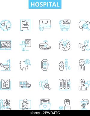 Symbole für Krankenhausvektorlinien eingestellt. Krankenhaus, Medizinisch, Pflege, Behandlung, Einrichtung, Notfall, Klinikabbildung umrissen Konzeptsymbole und -Zeichen Stock Vektor