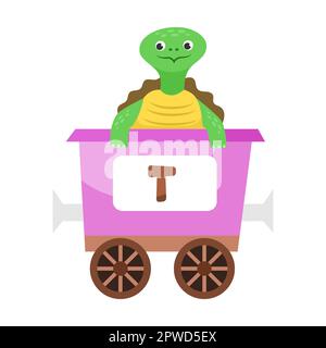 Buchstabe T, Schildkröte. Niedliches Tier in farbenfroher alphabetischer Bahn. Vektordarstellung von Lernspielzeug für Vorschulkinder. Cartoon-Tiere sitzen hier Stock Vektor
