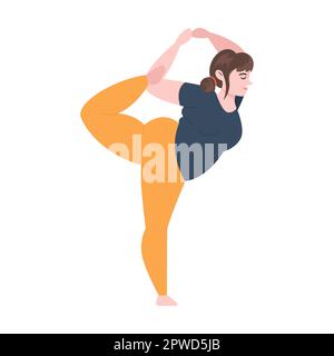 Entschlossene und flexible Cartoon-Frau, die Yoga macht, übt Vektordarstellungen. Weibliche Figur, die verschiedene Yoga-Posen macht oder sich streckt, Pilates Stock Vektor