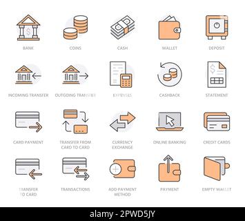 Symbolgruppe für Abrechnungspositionen. Geldtransfer, Bankkonto, Kreditkartenzahlung, Cash-Back-Vektordarstellung. Einfaches Umrisszeichen für Online Stock Vektor