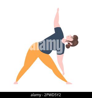 Entspannte und spirituelle Cartoon-Frau, die Yoga-Übungen macht, Vektordarstellung. Weibliche Figur, die verschiedene Yoga-Posen macht oder sich streckt, Pilates Stock Vektor