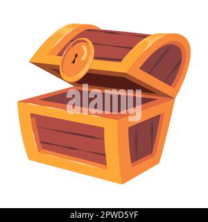 Leerer halboffener Deckel, alte Holzkiste für Goldschatz. Vektordarstellung der Bewegungssimulation von Keyframes. Eine Holzkiste mit dem glücklichen Piraten, isoliert auf Stock Vektor