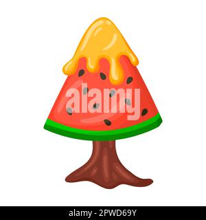 Candie in Form Baum Wassermelone Dessert in Karamell, Vektorbild. Fantasy Land Karamell und Schokolade Desserts, Cupcakes, Kekse Stock Vektor