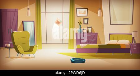 Automatischer kabelloser Staubsauger und Fensterreiniger im Schlafzimmer mit Bett und Möbeln. Leeres Wohnungsinnere mit zukunftsweisenden Haushaltstechnologien, Cartoon-Vektorgrafik Stock Vektor