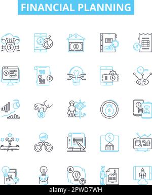 Symbole für Vektorlinien in der Finanzplanung festgelegt. Geld, Planung, Vermögen, Investitionen, Einsparungen, Budgetierung, Steuerdarstellung, Konzipsymbole und -Zeichen Stock Vektor
