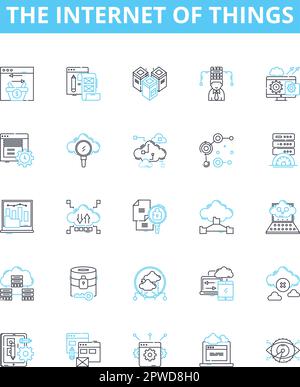 Die Vektorliniensymbole des Internets der Dinge. IoT, intelligent, vernetzt, Automatisierung, Wearables, AI, Sensorendarstellung umreißt Konzeptsymbole und -Zeichen Stock Vektor