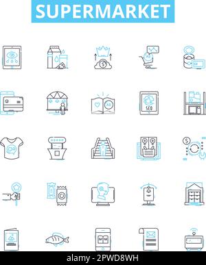 Symbolsatz für Vektorlinien für Supermärkte. Lebensmittel, Geschäft, Markt, Einkaufen, Outlet, Einzelhandel, Superstore Illustration umreißt Konzeptsymbole und -Schilder Stock Vektor
