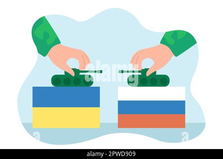Hände halten Panzer auf ukrainischen und russischen Flaggen Stock Vektor