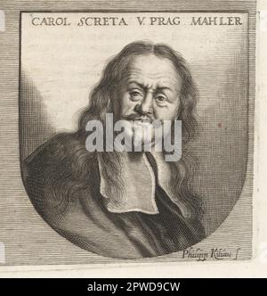 Karel Skreta, tschechischer Porträtmaler, der im Barockstil gearbeitet hat, 1610-1674. Er arbeitete in Prag, Sachsen und Italien. Carol Screta gegen Prag. Mahler, Ich Bin'S. Copperplate-Gravur von Philipp Kilian nach einer Illustration von Joachim von Sandrart von seiner L'Academia Todesca, della Architectura, Scultura & Pittura, oder Teutsche Academie, der Edlen Bau- Bild- und Mahlerey-Kunste, Deutsche Akademie für Architektur, Skulptur und Gemälde, Jacob von Sandrart, 1675. Stockfoto