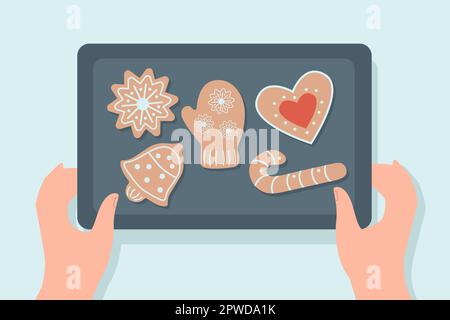 Hände einer Person, die ein Tablett mit hausgemachten Lebkeksen hält Stock Vektor