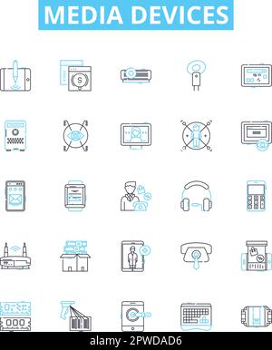 Vektorlinien-Symbole für Mediengeräte festgelegt. Geräte, Medien, Fernsehen, Radios, Lautsprecher, Drucker, Computerabbildung umreißt Symbole und Schilder Stock Vektor