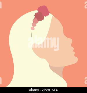 Abstrakte blonde Frau, die aufblickt. Handgezeichnete weibliche Gesichtssilhouette mit Blumenkranz im Haar. Minimalistisches Design. Vektorkunst Stock Vektor