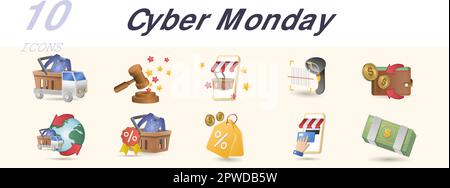 Cyber monday-Set. Kreative Symbole: Lieferwagen, Auktion, mobiles Einkaufen, Barcode-Scanner, Cashback, Weltweite Lieferung, Bestseller, Sonderangebot Stock Vektor