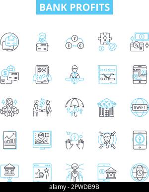 Liniensymbole für Bankgewinne festgelegt. Bank, Gewinne, Gewinn, Rendite, Rendite, Dividende, Zinsdarstellung umreißt Konzeptsymbole und -Zeichen Stock Vektor