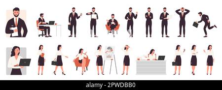 Cartoon isolierte geschäftige Geschäftsleute und Geschäftsleute in Bürokleidung, Geschäftsführer, die telefonieren, mit Aktentasche laufen und laufen. Geschäftsleute stellen festgelegte Vektorbilder dar. Stock Vektor