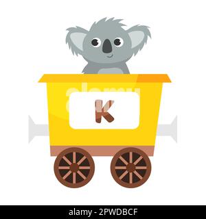 Buchstabe K, Koala. Niedliches Tier in farbenfroher alphabetischer Bahn. Vektordarstellung von Lernspielzeug für Vorschulkinder. Cartoon-Tiere sitzen hier Stock Vektor