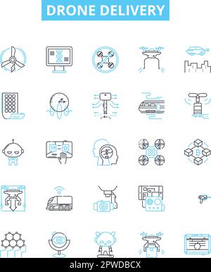 Drohnen-Vektorlinien-Symbole gesetzt. Drohne, Lieferung, Luftfahrt, Autonom, Versand, Darstellung von Service und Logistik zeigt Konzeptsymbole und -Schilder Stock Vektor