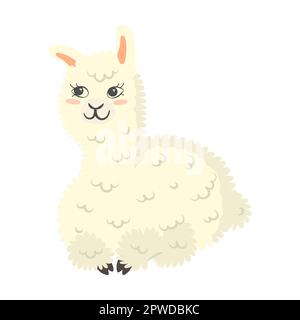 Süße lama-Locken, Lügen und Lächeln, Zeichentrickfilm-Vektordarstellung. Weißes Baby-Lama in verschiedenen Posen und Emotionen. Sammlung von Aufklebern Stock Vektor