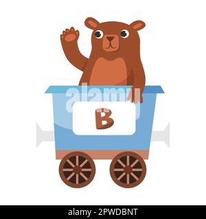 Buchstabe B, Bär. Niedliches Tier in farbenfroher alphabetischer Bahn. Vektordarstellung von Lernspielzeug für Vorschulkinder. Cartoon-Tiere sitzen hier Stock Vektor