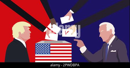 Abbildung von Joe Biden vor Donald Trump. Illustration DER US-Präsidentschaftswahlen.Wahlen in den Vereinigten Staaten. Abstimmung Stockfoto