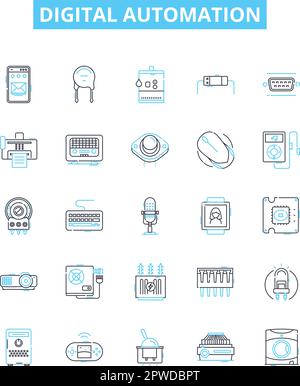 Symbole für digitale Automatisierungsvektorlinien eingestellt. Digital, Automatisierung, Robotik, KI, maschinelles Lernen, Objekte, Kontursymbole der Steuerelementdarstellung Stock Vektor