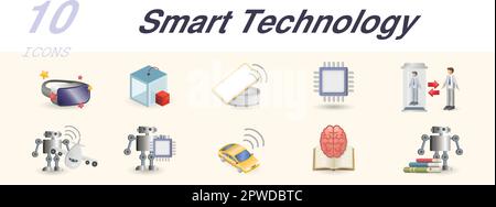 Intelligentes Technologieset. Kreative Symbole: Virtual-Reality-Helm, 3D-Drucker, kabelloses Laden, Prozessor, Teleportation, Autopilot, AI-Roboter, autonom Stock Vektor