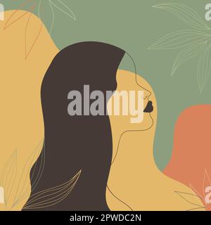 Abstrakte weibliche Kontur auf botanischem Hintergrund. Handgezeichnete Vektorgrafiken Stock Vektor