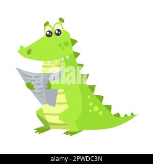 Süße Alligator-Cartoon-Figur, die Vektorbilder liest Stock Vektor