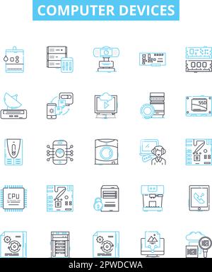 Vektorliniensymbole für Computergeräte eingestellt. Laptop, Desktop, Monitor, Drucker, Tastatur, Maus, Scanner Abbildung umrissen Konzeptsymbole und -Zeichen Stock Vektor