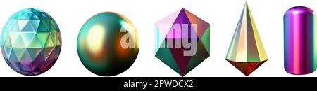 Futuristische Neon-Gradienten-Figuren können für eine Vielzahl von Zwecken verwendet werden, einschließlich Unterhaltung, Bildung und wissenschaftliche Visualisierung. Geometrische Hologramm-Formen. Schillerndes, modernes, mehrfarbiges 3D-Objekt. Stock Vektor