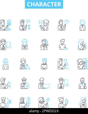 Zeichenvektorliniensymbole festgelegt. Persönlichkeit, Verhalten, Eigenschaft, Integrität, Ruf, Disposition, Naturdarstellung umreißen Konzeptsymbole und Stock Vektor
