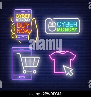 Online-Shopping, Warenkorb und T-Shirt Neonschilder Stock Vektor