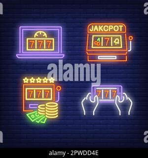 Spielautomaten und glückliche sieben Anwendungen auf Gadgets Neonschildern Stock Vektor