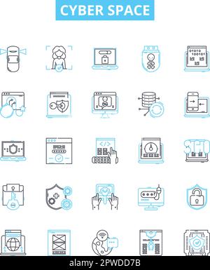 Symbole für Cyber-Space-Vektorlinien gesetzt. Technologie, Cyberspace, Informationen, Netzwerke, Sicherheit, Online, Modelldarstellung der Symbole für Konzeptkonzepte wird berechnet Stock Vektor
