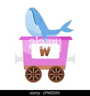 Buchstabe W, Wal. Niedliches Tier in farbenfroher alphabetischer Bahn. Vektordarstellung von Lernspielzeug für Vorschulkinder. Cartoon-Tiere sitzen hier Stock Vektor