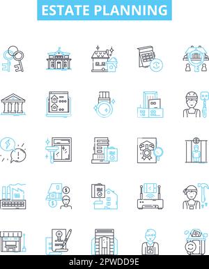 Symbole für Vektorlinien der Immobilienplanung festgelegt. Nachlass, Planung, Anwalt, Will, Probate, Trusts, Steuerabbildung umreißen Konzeptsymbole und -Zeichen Stock Vektor