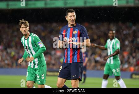 Sabadell, Barcelona, Spanien. 29. April 2023. Barcelona Spanien 29.04.2023 Robert Lewandowski( FC Barcelona) Gesten während der La Liga Santander zwischen dem FC Barcelona und Real Betis im Camp Nou am 29. April 2023 in Barcelona. (Kreditbild: © Xavi Urgeles/ZUMA Press Wire) NUR REDAKTIONELLE VERWENDUNG! Nicht für den kommerziellen GEBRAUCH! Stockfoto