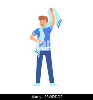 Fußball- oder Fußballfan mit Schal der Lieblingsmannschaft um den Hals, flache Vektorgrafik. Ein Team glücklicher Cartoon-Männer und -Frauen mit Flaggen und Schal Stock Vektor