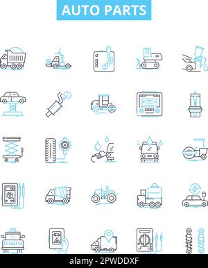 Automatische Teile Vektorliniensymbole eingestellt. Auto, Auto, Teile, Reifen, Batterie, Symbole und Schilder zur Darstellung des Kühlers und des Öls Stock Vektor