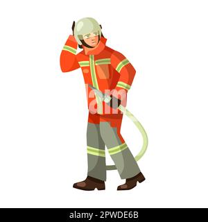 Tapferer Feuerwehrmann, Zeichentrickfilm mit Feuerwehrausrüstung. Feuerwehrwagen, Notaufnahme, Rettung, Schaufel, isoliert auf weißem Hintergrund Stock Vektor