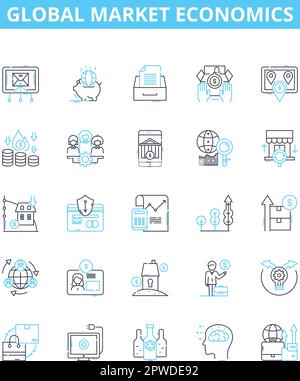 Symbolsatz für Vektorlinien der globalen Marktwirtschaft. Global, Markt, Wirtschaft, International, Handel, Investition, Übersicht über Finanzdarstellung Stock Vektor