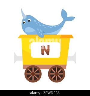 Buchstabe N, Narwal. Niedliches Tier in farbenfroher alphabetischer Bahn. Vektordarstellung von Lernspielzeug für Vorschulkinder. Cartoon-Tiere sitzen hier Stock Vektor