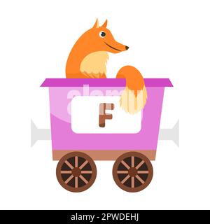 Buchstabe F, Fuchs. Niedliches Tier in farbenfroher alphabetischer Bahn. Vektordarstellung von Lernspielzeug für Vorschulkinder. Cartoon-Tiere sitzen hier Stock Vektor