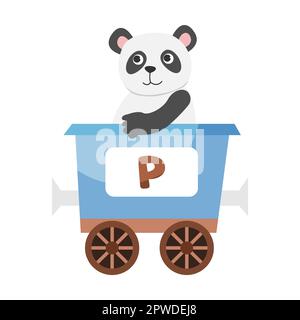 Buchstabe P, Panda. Niedliches Tier in farbenfroher alphabetischer Bahn. Vektordarstellung von Lernspielzeug für Vorschulkinder. Cartoon-Tiere sitzen hier Stock Vektor