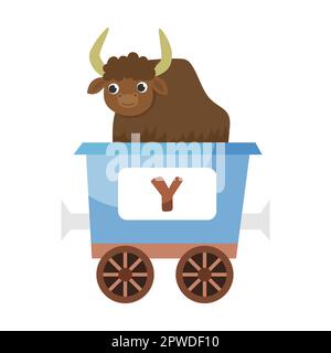 Buchstabe Y, Yak. Niedliches Tier in farbenfroher alphabetischer Bahn. Vektordarstellung von Lernspielzeug für Vorschulkinder. Cartoon-Tiere sitzen hier Stock Vektor