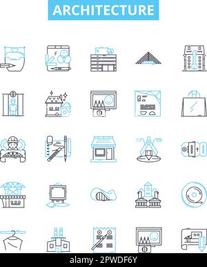 Symbole für Architekturvektorlinien festgelegt. Struktur, Design, Fassade, Gebäude, Planung, Form, Space Illustration umrissen Konzeptsymbole und -Zeichen Stock Vektor
